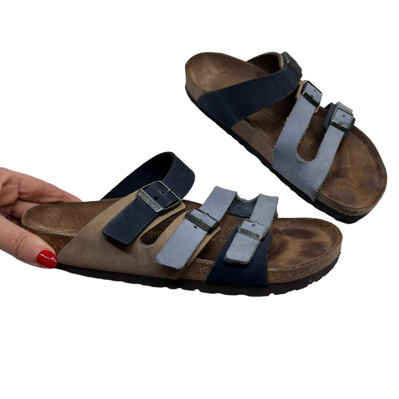 Birkenstock Shoes - Birkenstock Leo Two Tone Blue and Tan 3 Strap Sandals Woman's Sz 39